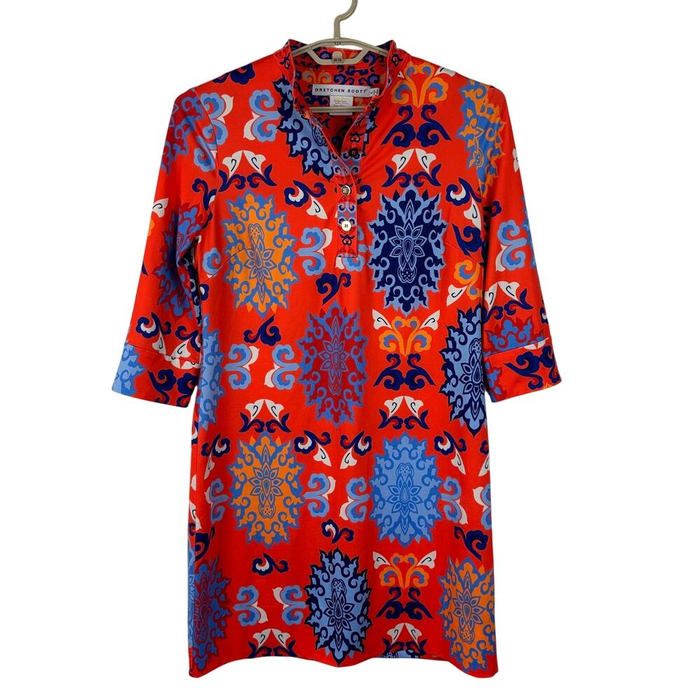 Gretchen Scott Jersey Dress Mandarin Collar 3/4 sleeve orange blue print Large